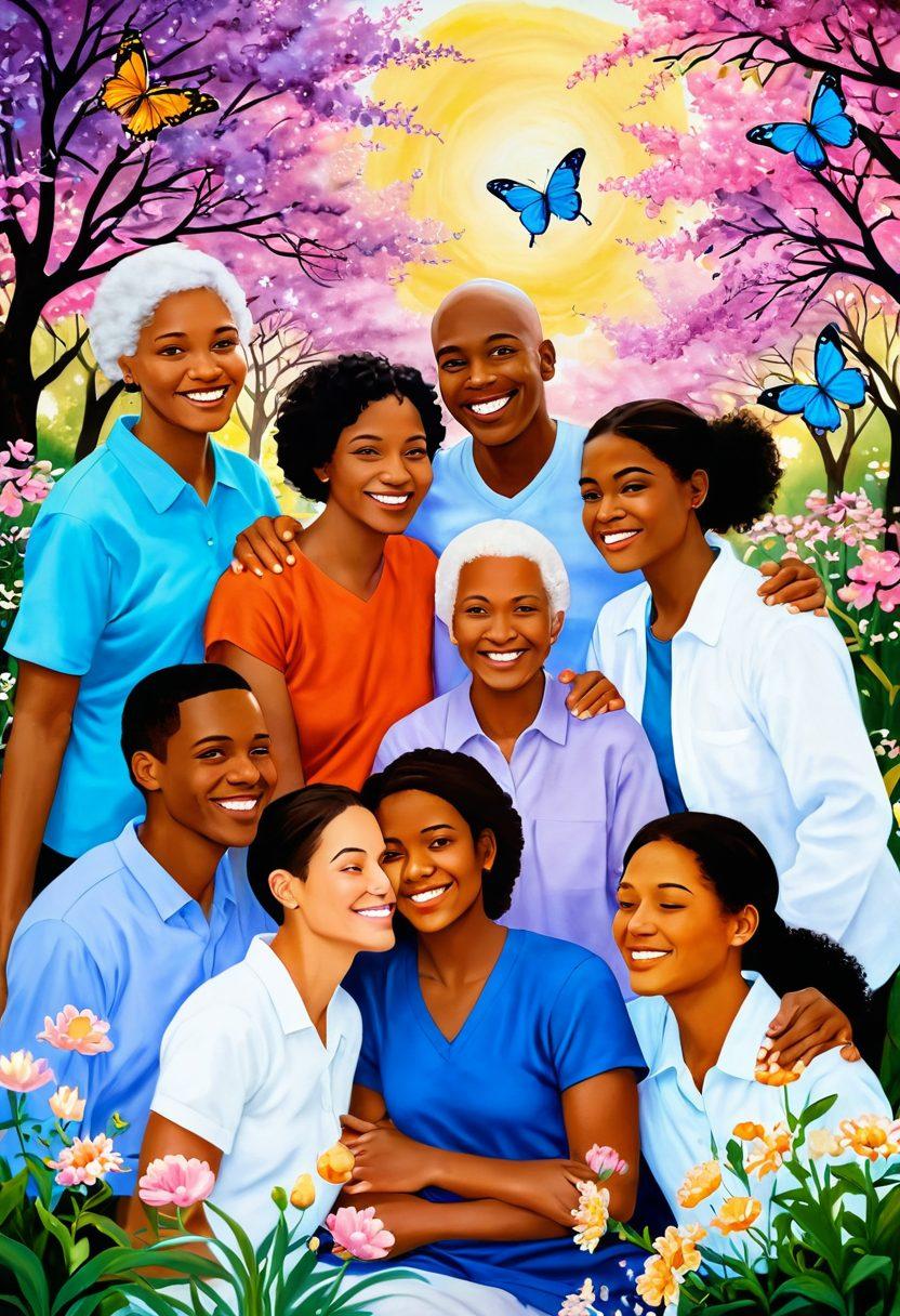 A serene setting representing hope and support for cancer patients, featuring a group of diverse individuals embracing each other with smiles, surrounded by soft, glowing lights and flowers. Include symbols of empowerment, such as a butterfly rising above, while the background hints at a peaceful park or garden. The overall mood should be uplifting and compassionate. vibrant colors. soft focus. painting.