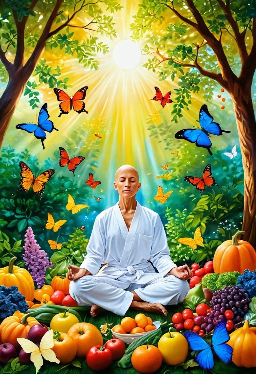 A harmonious scene depicting a cancer fighter meditating in a serene garden, surrounded by colorful fruits and vegetables symbolizing nutrition. The sunlight filters through the trees, casting a warm glow on the scene, while vibrant butterflies flutter around, representing mental health and positivity. Soft, soothing colors to evoke a sense of calm and wellness. painting. vibrant colors. serene background.