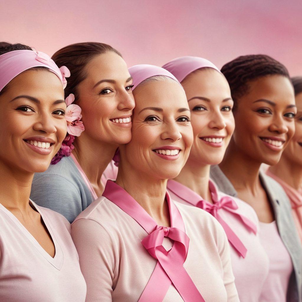 A close-up portrait of a diverse group of cancer survivors from different backgrounds, smiling confidently against a backdrop of soft, uplifting colors. Incorporate symbols of strength like a pink ribbon, blooming flowers, and a glowing light to represent hope. The scene should convey warmth, resilience, and community support. vibrant colors. super-realistic.